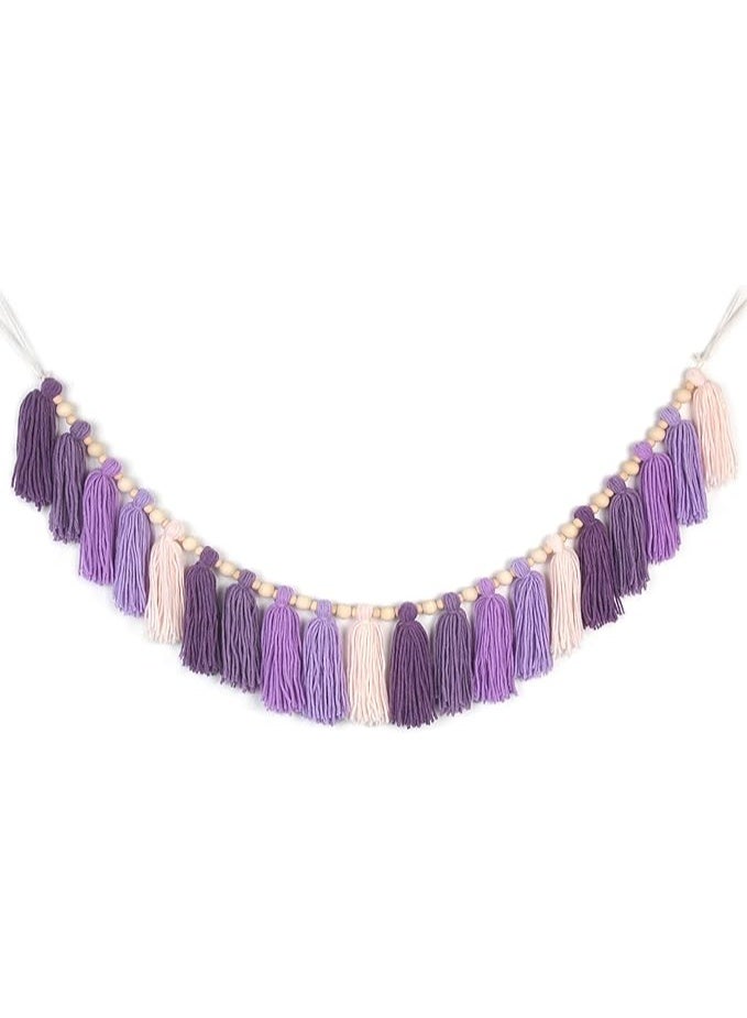 Antikiano Purple Yarn Tassel Garland with Wood Beads Boho Lavender Wall Hanging Bunting Banner Decor for Classroom Kids Dorm Room Bedroom Nursery Baby Shower Party Birthday Office Wedding Decorations - Image 1